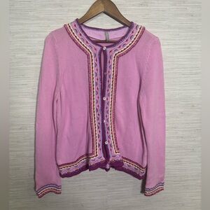 Women’s Hanna Andersson Pink Button Up Cardigan Size Large Floral Ruffle Trim